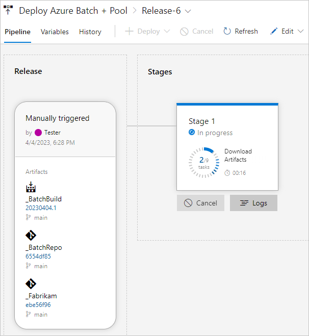 Screenshot, der den Status der Version zeigt.