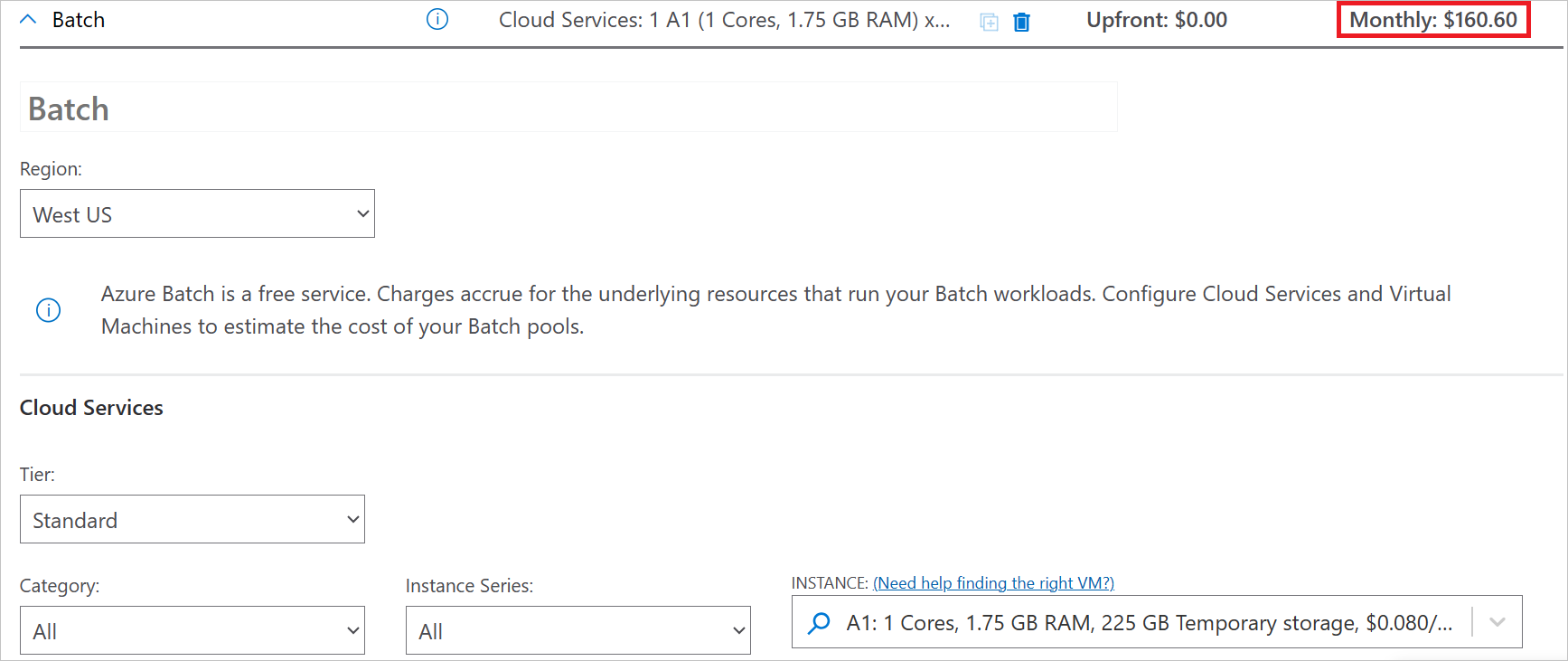 Screenshot, der den Bereich „Ihre Schätzung“ und die verfügbaren Hauptoptionen für Azure Batch zeigt.