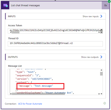 Screenshot: Ergebnisse der Aktion „Chatnachricht senden“ des Azure Communication Services-Chatconnectors.