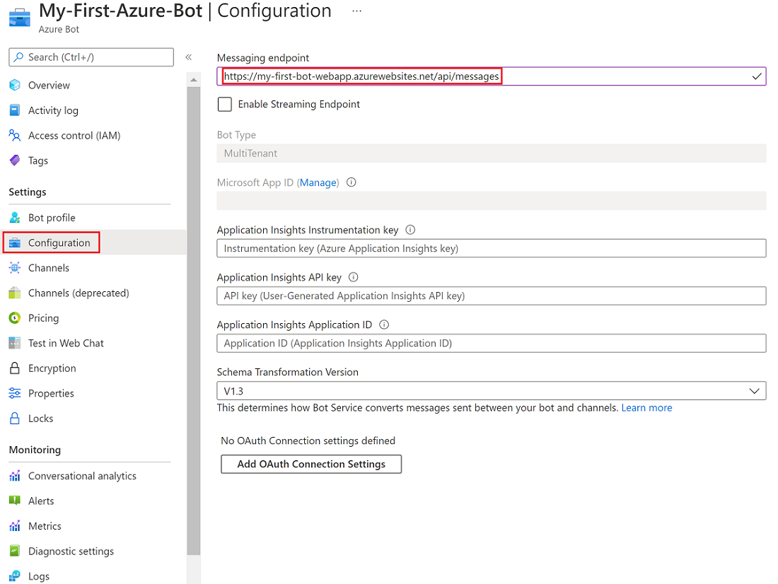 Screenshot: Erstellen eines Botmessagingendpunkts mithilfe des Web-App-Hostnamens