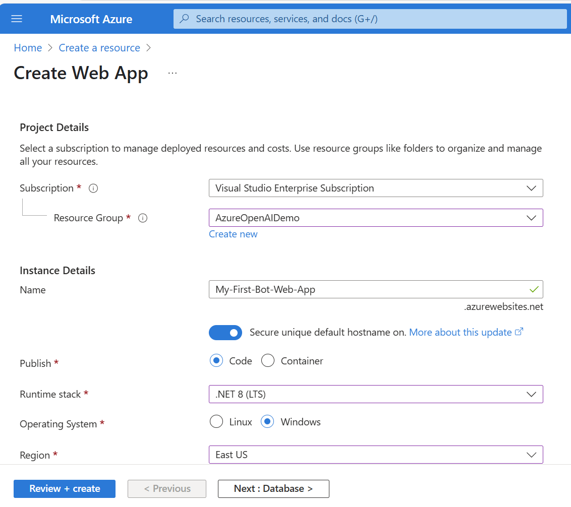 Screenshot: Festzulegende Details zum Erstellen einer Web-App-Bereitstellung