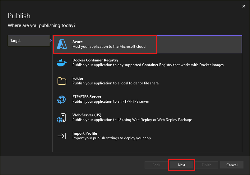 Ein Screenshot, der das Veröffentlichen in Azure zeigt.