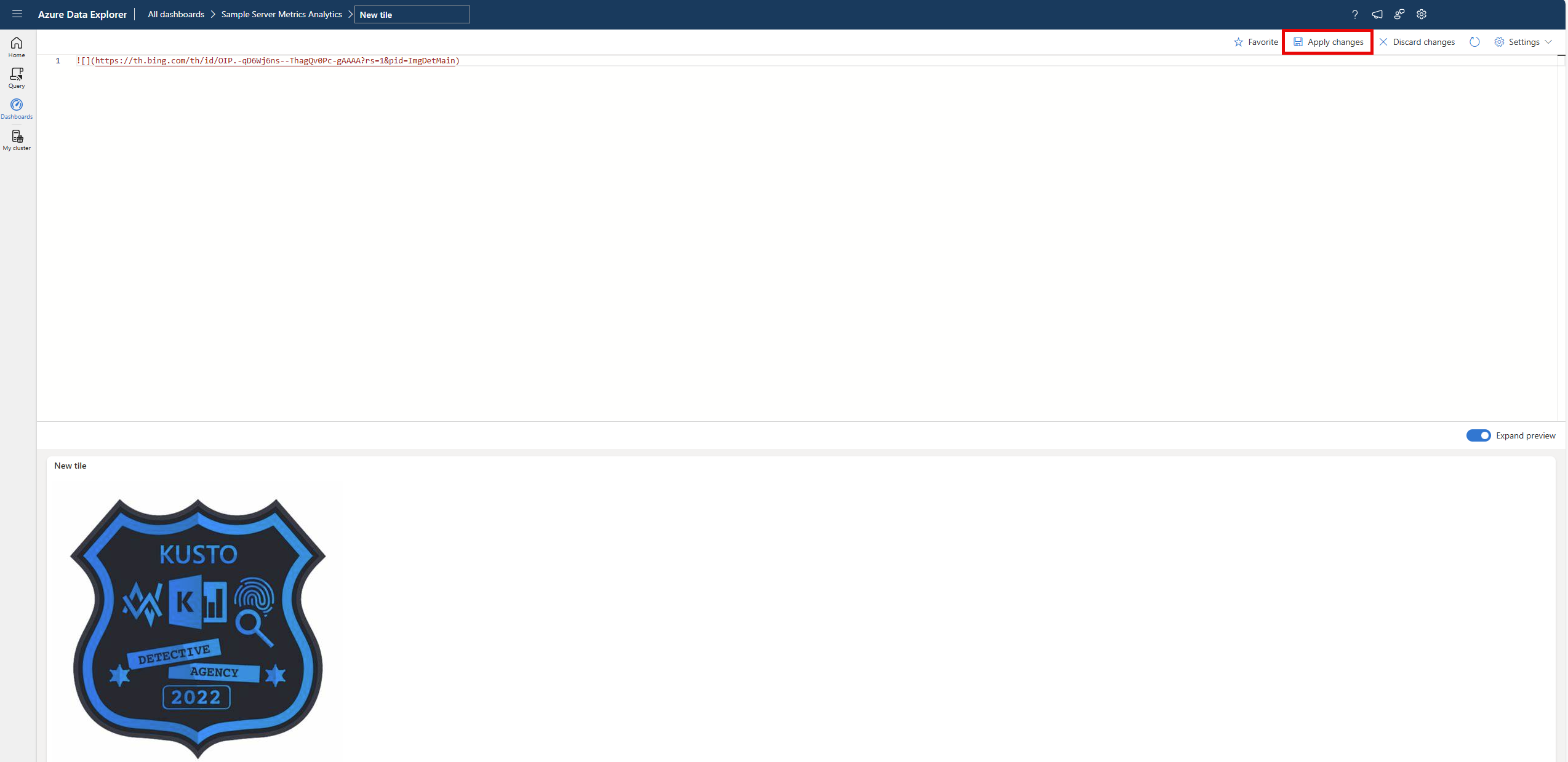 Screenshot des Dashboardabfragebereichs mit dem gerenderten Bild. 