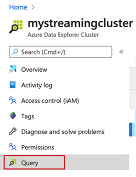 Wählen Sie 'Abfrage' im Azure Data Explorer-Portal aus, um die Streaming-Ingestion zu aktivieren.