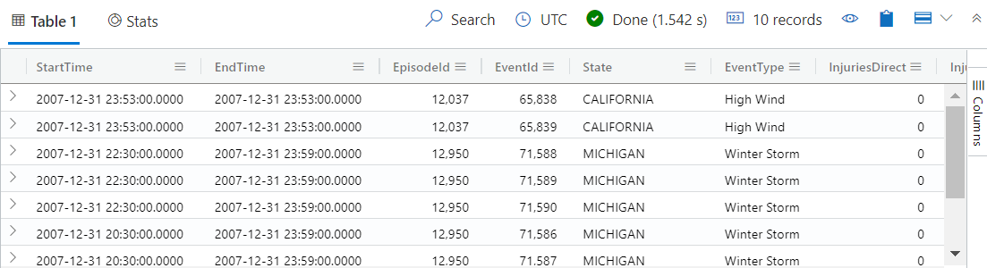 Screenshot: Tabelle mit Daten für zehn Sturmereignisse auf der Azure&nbsp;Data&nbsp;Explorer-Webbenutzeroberfläche