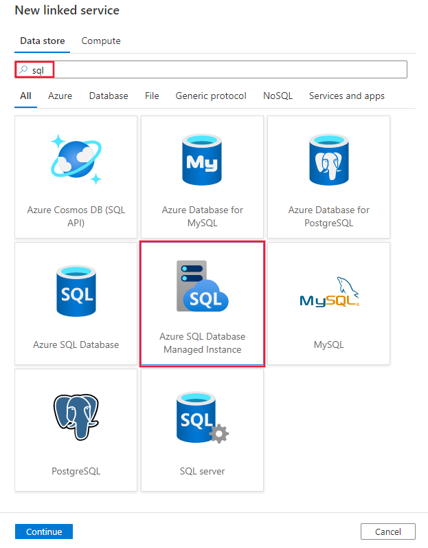Screenshot des Azure SQL Server verwaltete Instanz connector.