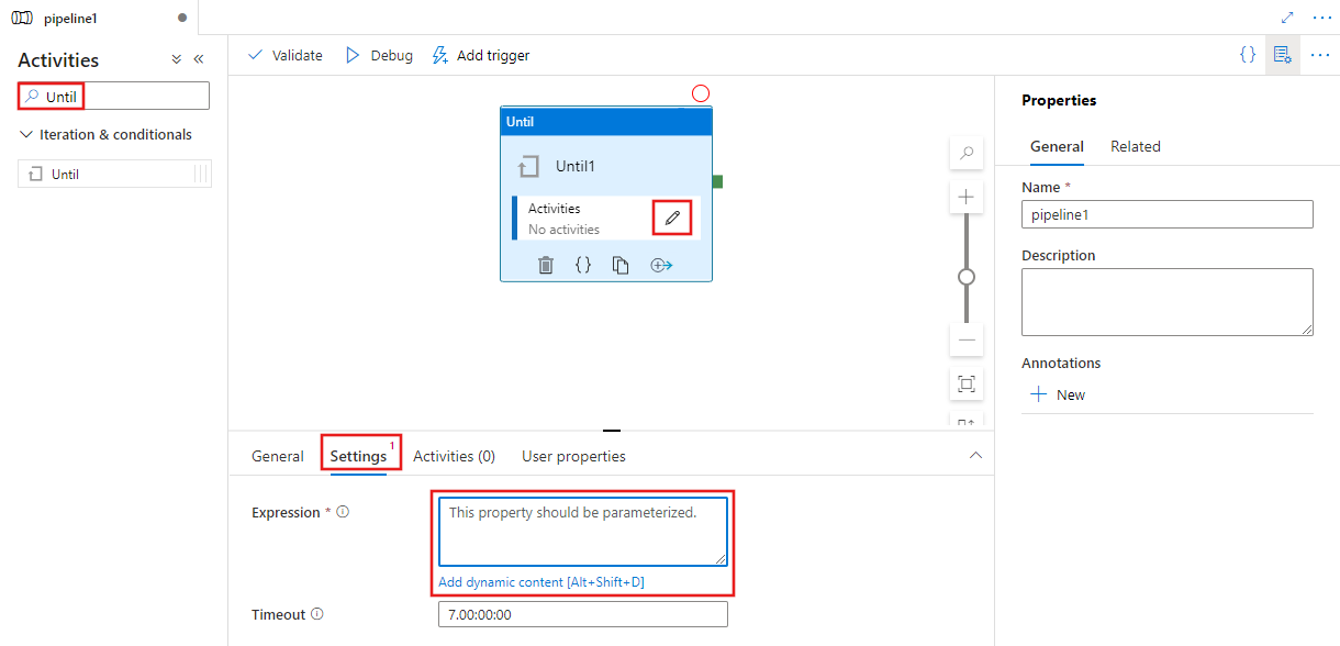 Screenshot der Registerkarte „Einstellungen“ der Until-Aktivität auf der Pipeline-Canvas