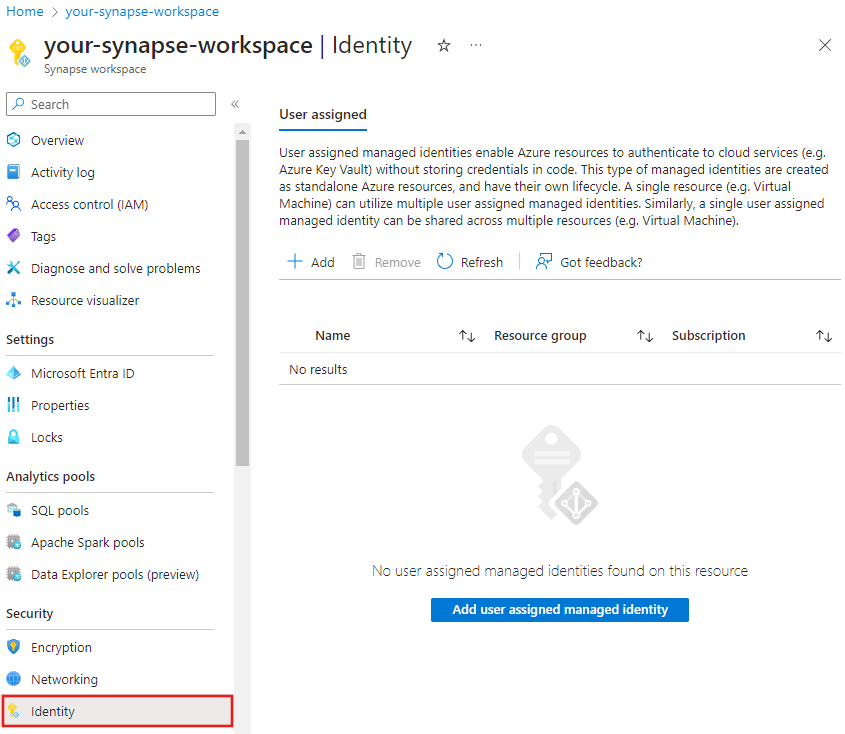 Screenshot, in dem gezeigt wird, wie Azure Portal verwendet wird, um eine vom Benutzer zugewiesene verwaltete Identität zuzuordnen.