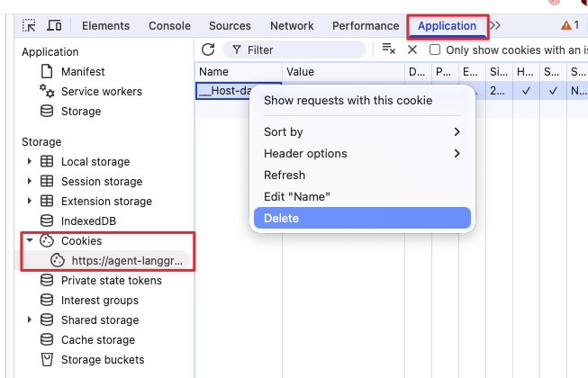 Chrome DevTools mit angezeigter Registerkarte „Anwendung“, Cookies für eine App-URL und dem per Rechtsklick geöffneten Menü „Löschen“.