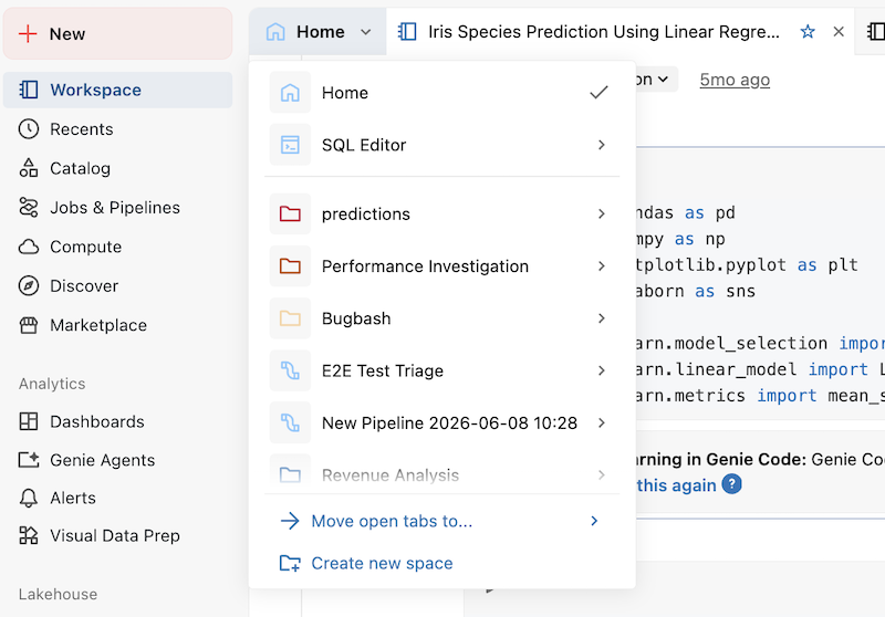Spaces-Liste öffnet sich in der Seitenleiste des Editors und zeigt den Standard-Homespace zusammen mit einem Pipeline-Space und benutzerdefinierten Spaces