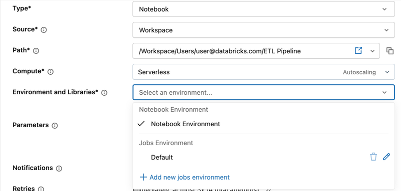Dropdown-Menü „Umgebung und Bibliotheken“ für eine Notebook-Aufgabe mit den Optionen „Notebook-Umgebung“ und „Job-Umgebung“