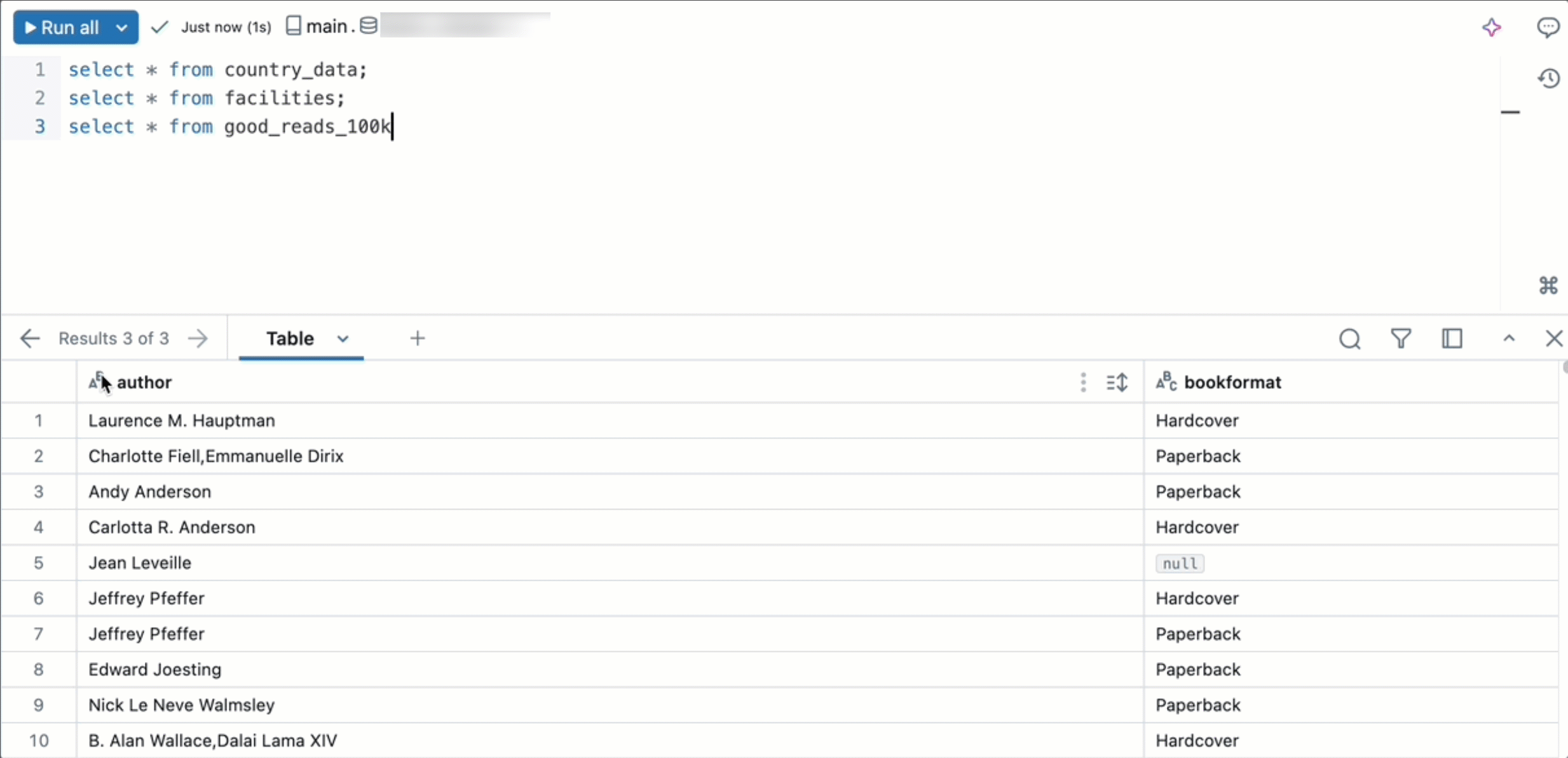 Ausgabebereich mit Registerkarten im neuen SQL-Editor mit mehreren Ergebnistabellen, zwischen denen Sie wechseln können.