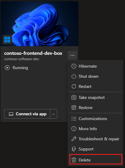 Screenshot des Menüs „Aktionen“ einer Dev-Box mit dem Befehl „Löschen“.