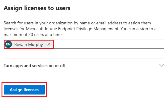 Screenshot, der das Zuweisen einer Microsoft Intune Endpoint Privilege Management-Lizenz zeigt.