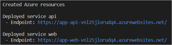 Screenshot der Befehlsausgabe mit aufgelisteten Endpunkt-URLs.