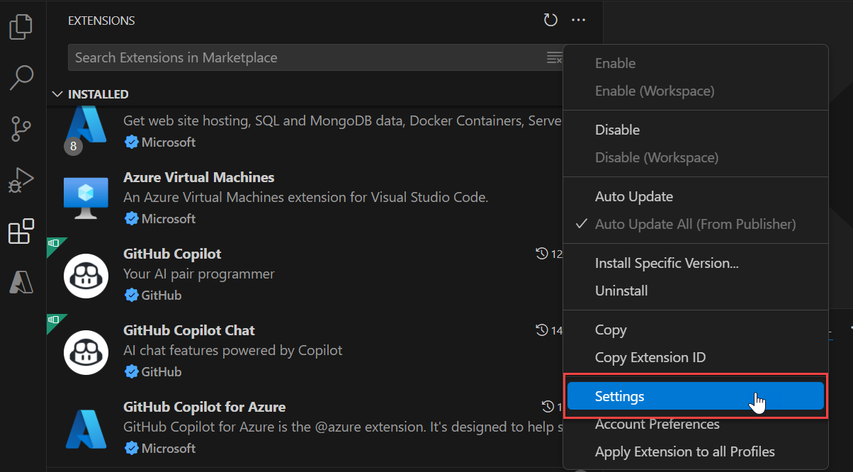 Screenshot mit dem Popupmenü für GitHub Copilot für Azure.