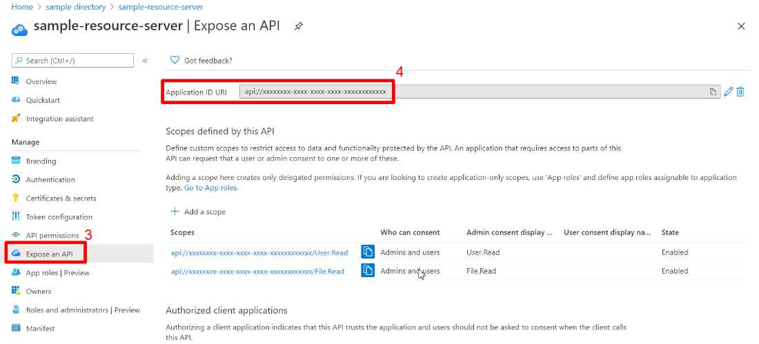 Screenshot: Azure-Portal, in dem die Web-App eine API-Seite angezeigt wird, auf der die Anwendungs-ID-URI hervorgehoben ist.