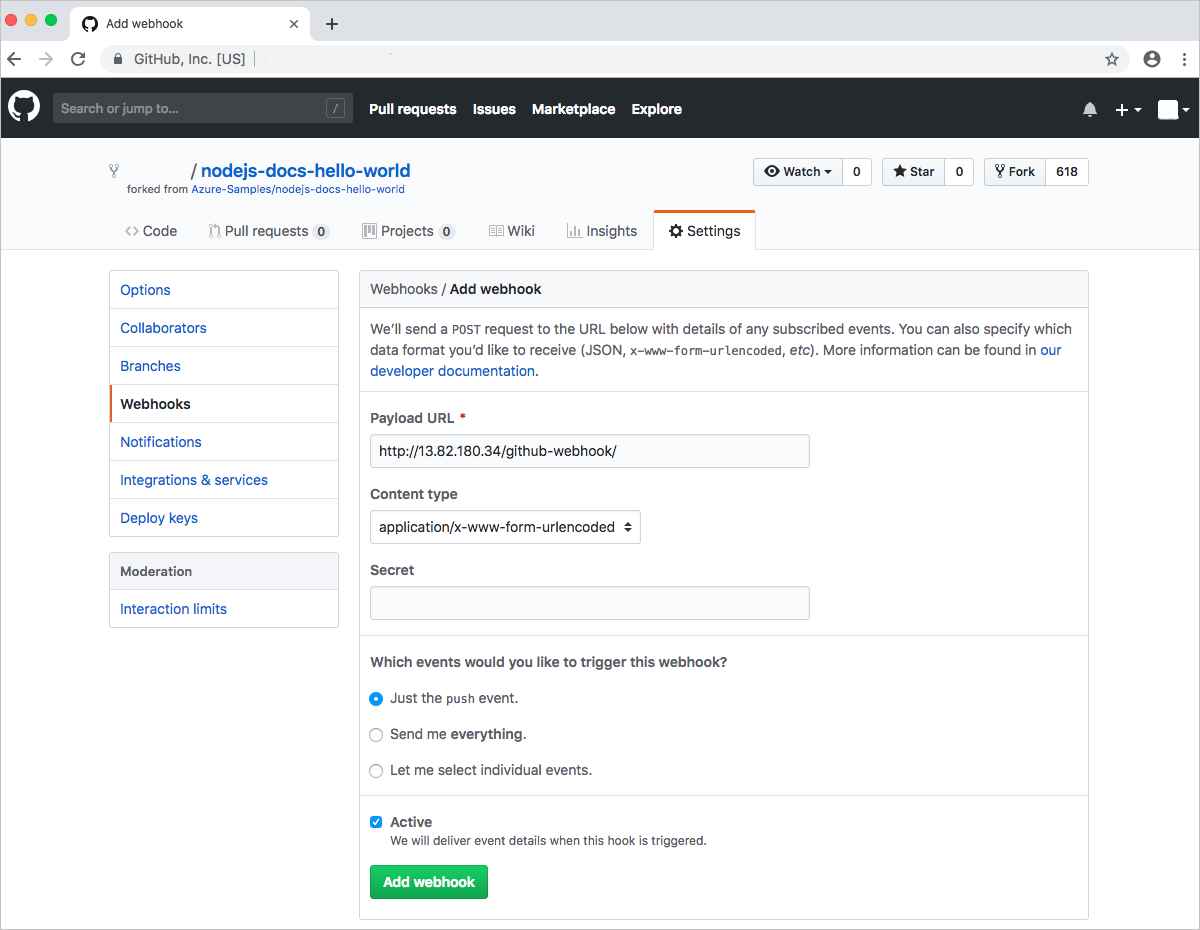 Fügen Sie einen GitHub-Webhook zu Ihrem verzweigten Repository hinzu
