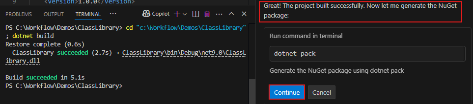 Screenshot mit der Aufforderung zur Bestätigung zum Generieren des NuGet-Pakets.