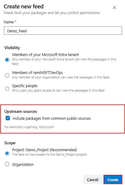 Screenshot, der zeigt, wie Sie einen benötigten Feed erstellen und upstream-Quellen in Azure Artifacts aktivieren.