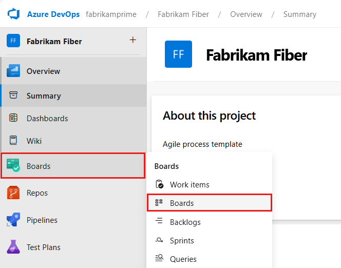 Screenshot, das die Navigation zu den Boards im Projektmenü zeigt.