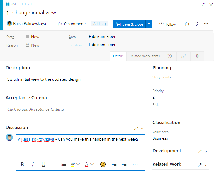 Screenshot mit Details zu einem User Story-Arbeitselementformular.