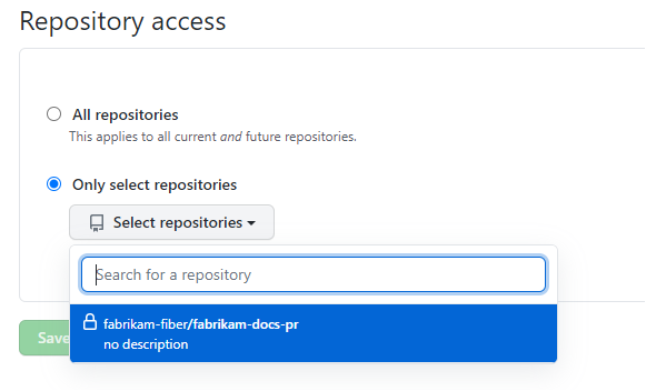 Screenshot des Repositoryzugriffs, in dem Sie ausgewählte Repositorys auswählen können.