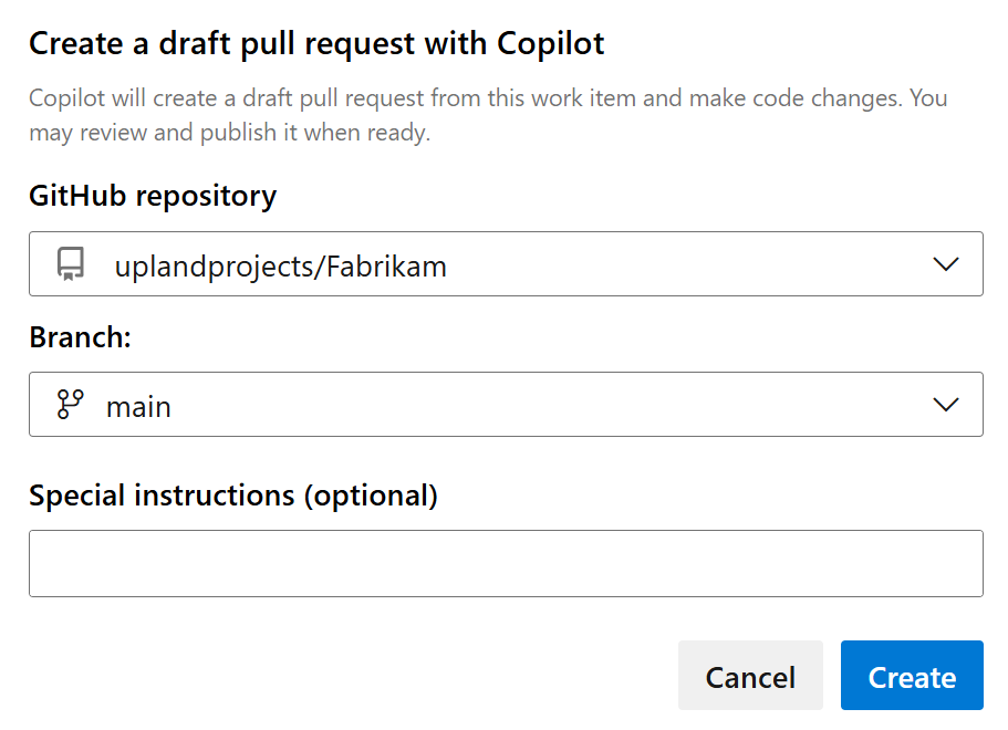 Ein Screenshot zeigt die Dropdown-Menüs für Repo und Branch zum Erstellen eines Entwurfs für eine Pull-Request-Anfrage mit Copilot.