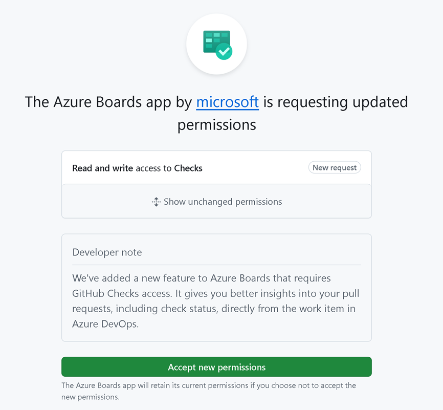 Screenshot des Dialogfelds der Azure Boards GitHub-App-Berechtigungen, das die aktualisierten Prüfberechtigungen anzeigt.