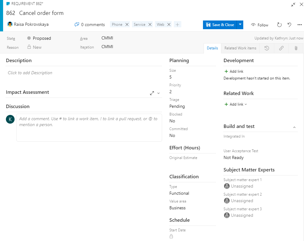 Screenshot, der das Anforderungs-Arbeitselementformular zeigt.