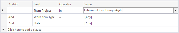 Screenshot des Visual Studio-Abfrageeditors, Abfrage mit flacher Liste, Angabe der zwei Projekte-Klausel.