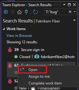 Screenshot der Optionen für Arbeitsaufgaben auf der Team Explorer-Seite 