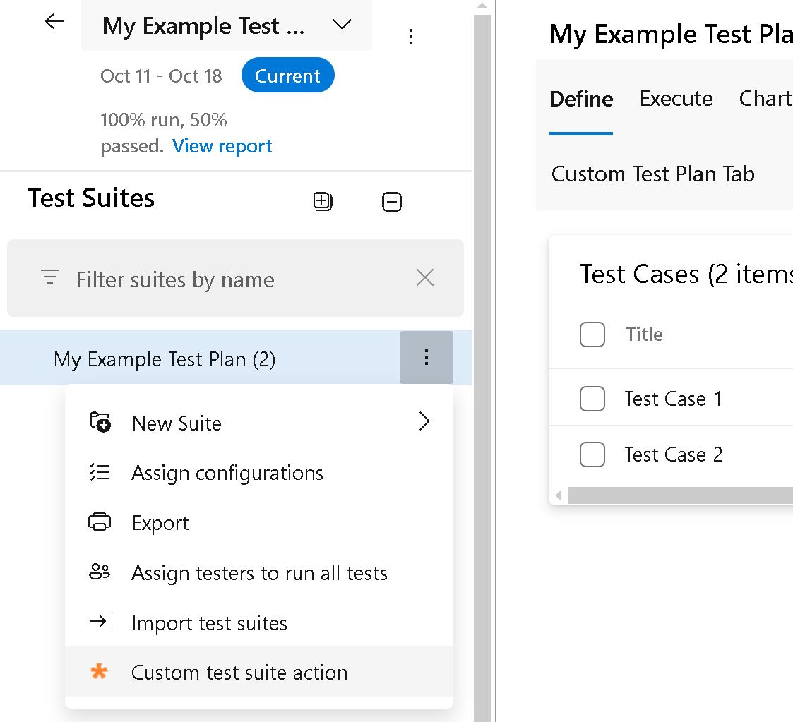 Screenshot des Kontextmenüs der Testplänesammlungen.