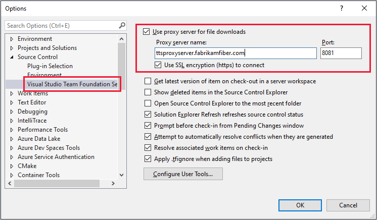 Screenshot der VS TFVC Proxy-Konfigurationsseite, Dialogfeld Optionen.