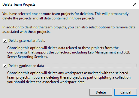 Screenshot des Dialogs Team-Projekte löschen.