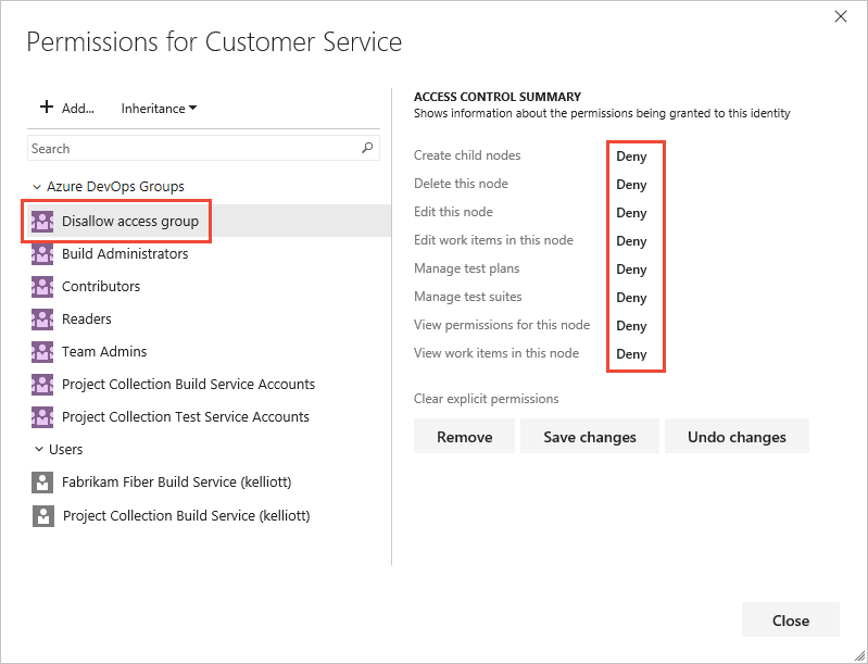 Screenshot der Bereichspfadknotensicherheit mit Auswahl der Gruppe und Einstellung „Berechtigungen ablehnen“, Azure DevOps Server&nbsp;2022 und frühere Versionen. 