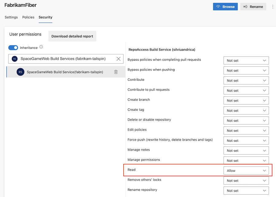 Screenshot zum Konfigurieren von Repositoryberechtigungen.