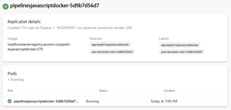 Screenshot der Pipelineverfolgbarkeit eines Kubernetes-Clusters.