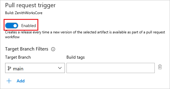 Screenshot, der zeigt, wie Pullanforderungstrigger in klassischen Release-Pipelines aktiviert werden.