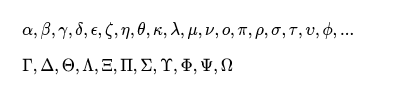 Screenshot der veröffentlichten Ansicht des KaTex-Codeausschnitts, der griechische Zeichen in mathematischer Schreibweise auflistet.