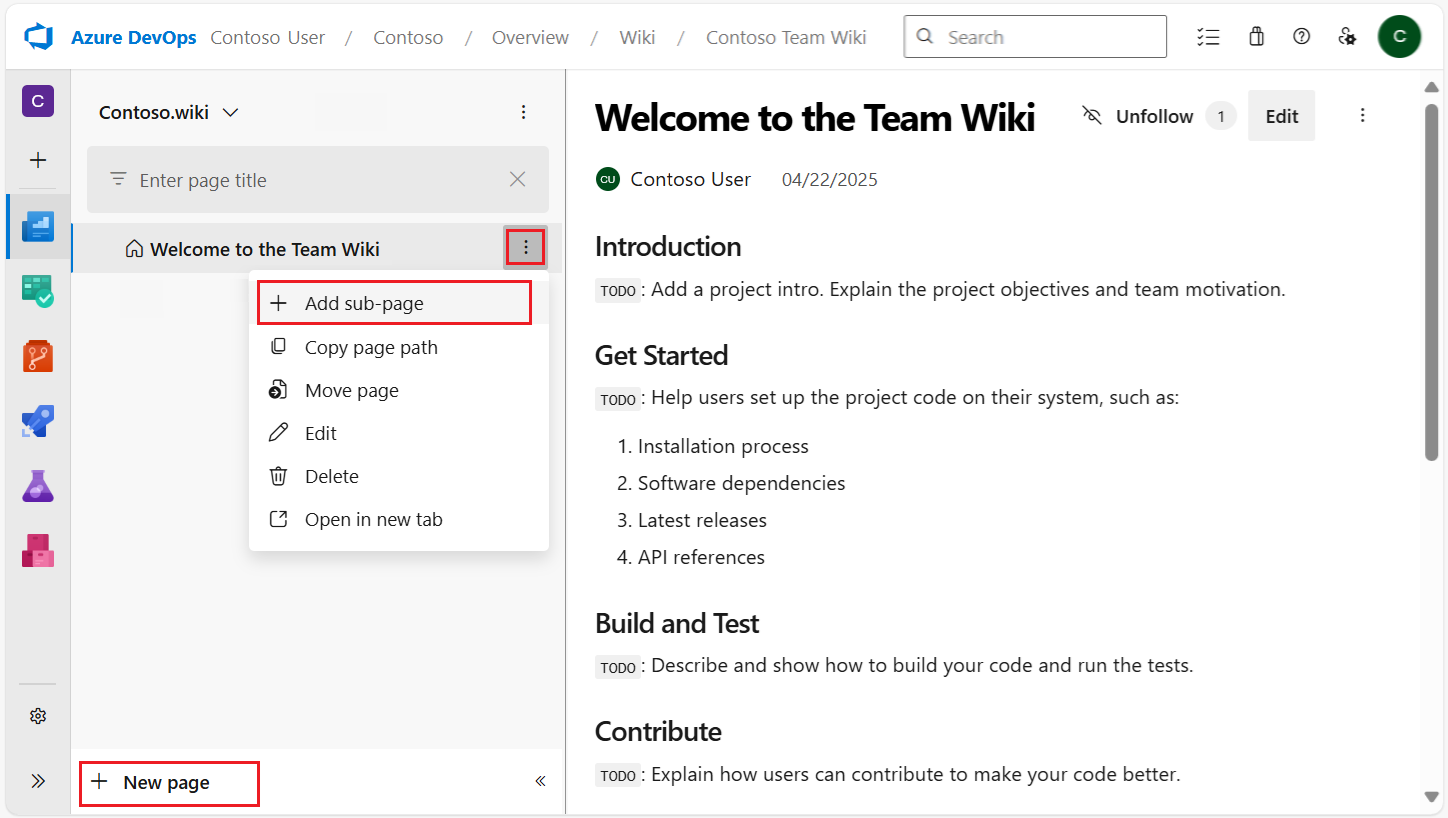Screenshot, der zeigt, wie Sie einem Wiki in Azure DevOps eine neue Seite oder eine neue Unterseite hinzufügen.