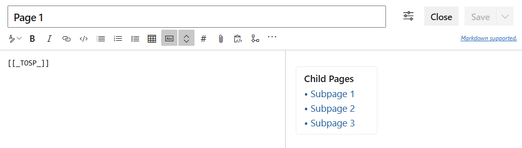Screenshot, der zeigt, wie das Veröffentlichungssystem eine Tabelle mit Unterseiten für eine Wiki-Seite generiert.