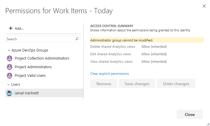 Im Azure DevOps Server das Sicherheitsdialogfeld für die Verwaltung der Shared Analytics-Ansicht öffnen und Berechtigungen für einen Benutzer ändern.