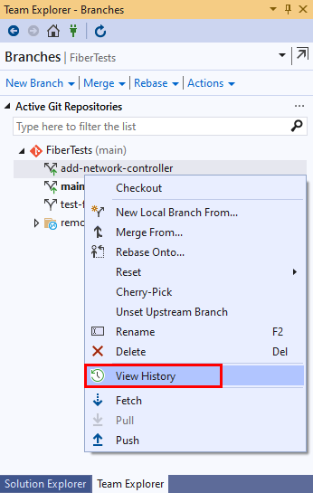 Screenshot: Option „Verlauf anzeigen“ in der Ansicht „Branches“ von Team Explorer in Visual Studio&nbsp;2019