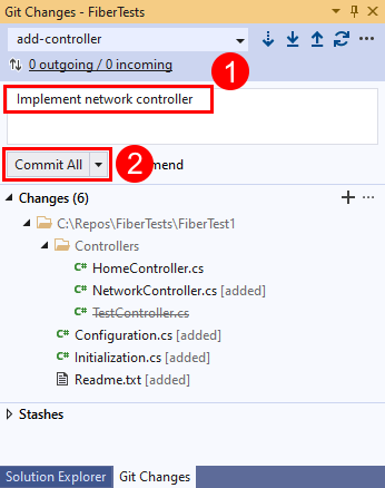Screenshot der Option „Alles übertragen“ im Fenster „Git-Änderungen“ in Visual Studio.