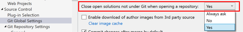 Screenshot, das die Option zum Schließen von nicht unter Git verwalteten offenen Lösungen beim Öffnen eines Repositorys im Dialogfeld 