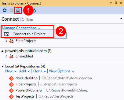 Screenshot: Fenster „Mit einem Projekt verbinden“ im Team Explorer in Visual Studio&nbsp;2019.