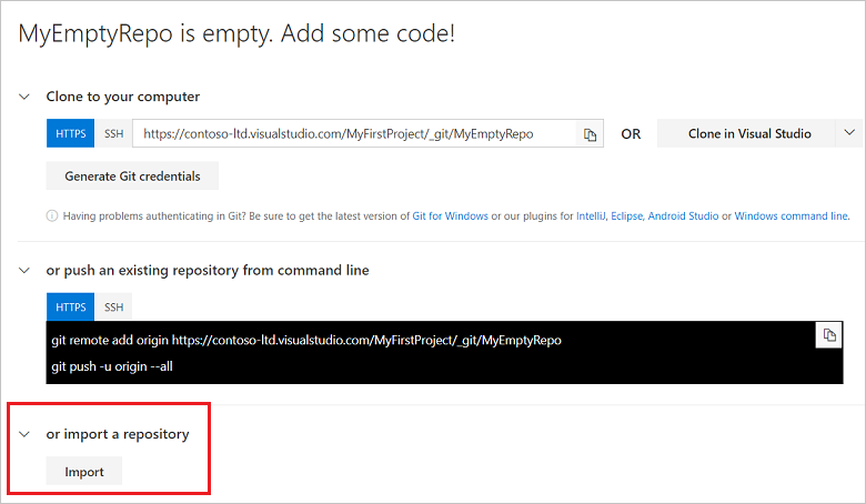 Screenshot der Importoption für ein leeres Repository.