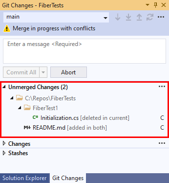 Screenshot der Dateien mit Zusammenführungskonflikten im Git Changes-Fenster von Visual Studio.