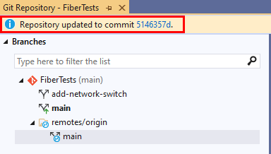 Screenshot der Bestätigungsmeldung zum Zusammenführen im Git-Repositoryfenster von Visual Studio 2019.
